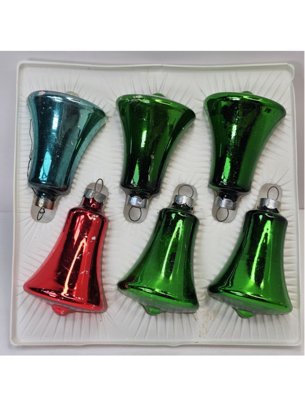 Vintage Glass Christmas Bell Ornaments 6pcs USA Mixed Colors 3x2 Inches Baulbles